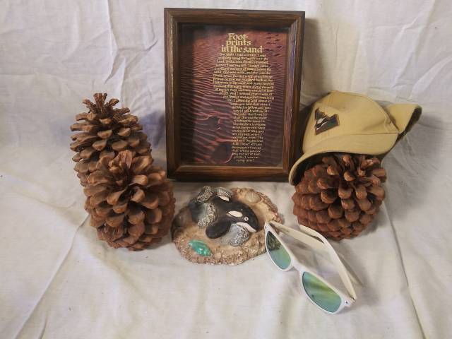 Jesus footprints pine cones glasses ceramic